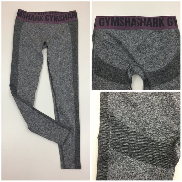 GYMSHARK Heather Gray Purple Logo Waistband Butt Pull On Active Leggings Pants - Picture 1 of 9